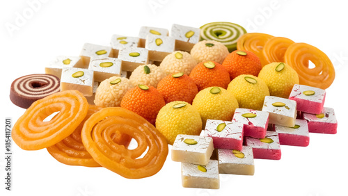 Assorted Indian sweets on transparent background, colorful traditional desserts