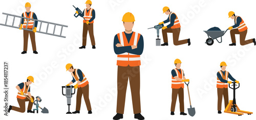 Construction workers set wearing safety gear performing different tasks with tools isolated on white background for industrial labor concepts