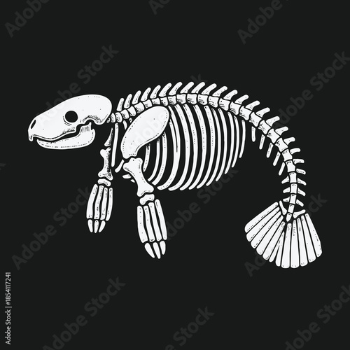 Anatomical illustration of a manatee skeleton in white on a black background.