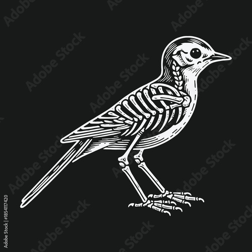 Black and white anatomical illustration of a bird with a visible skeleton.