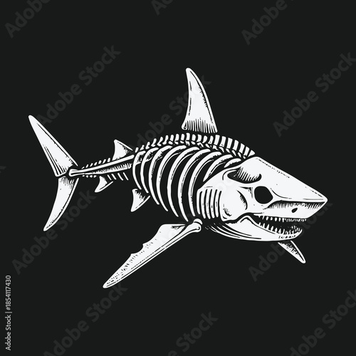 Vintage Engraving Style Shark Skeleton Illustration on Black Background.