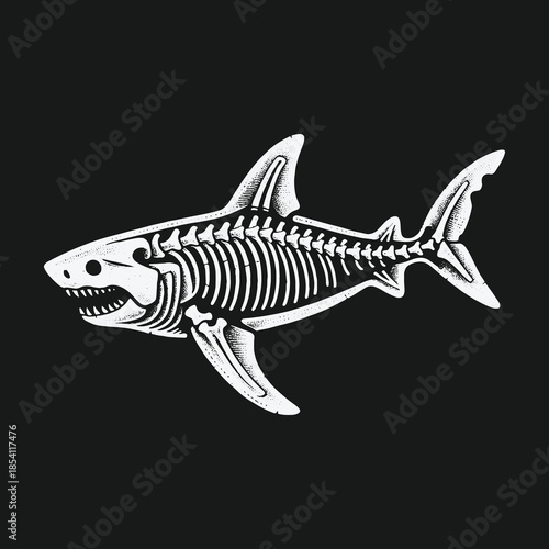 Detailed shark skeleton anatomy illustration on a black background.