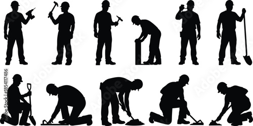 Construction worker silhouettes set showing builders performing manual labor tasks with tools for industrial engineering and building design projects