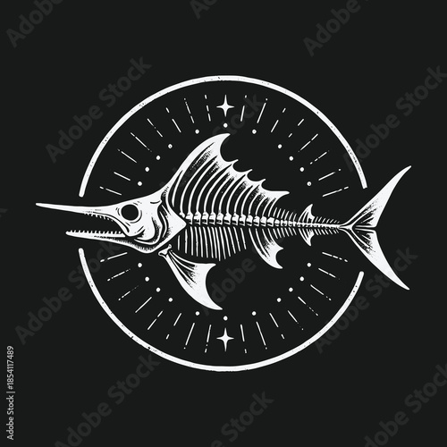 Vintage illustration of a swordfish skeleton inside a circular emblem.