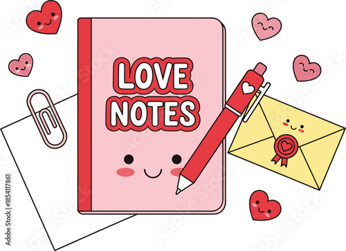 Illustration of a pink notebook with love notes and heart decorations on a white background