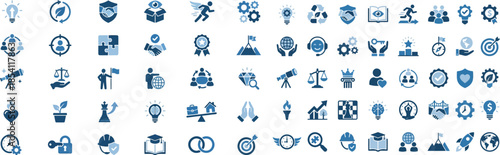Collection of monochrome blue business and success related concept icons representing ideas strategy goals achievement and professional development themes