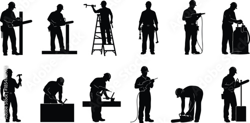Construction worker silhouettes set showing builders using tools, ladders and equipment for industrial labor and building design projects