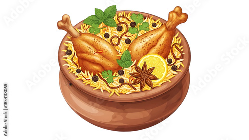 Delicious chicken biryani in a clay pot on transparent background