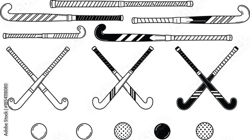 Field hockey stick silhouettes and crossed equipment set, black and white sports icons, balls collection, vector illustration pack, design elements