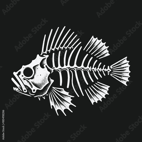 Monochrome graphic illustration of a fish skeleton on black background.