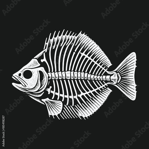 Vintage monochrome illustration of a fish skeleton anatomy.