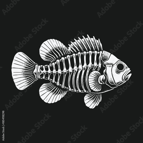 Vintage monochrome illustration of a fish skeleton anatomy.