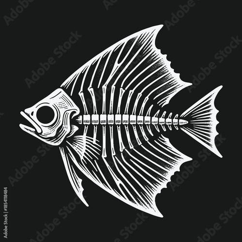 Monochrome vintage illustration of a fish skeleton on a black background.