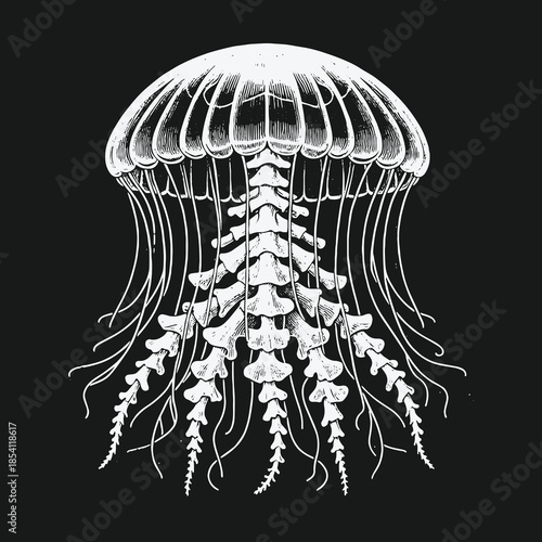 Surreal Jellyfish with Skeletal Spine Anatomy Illustration.
