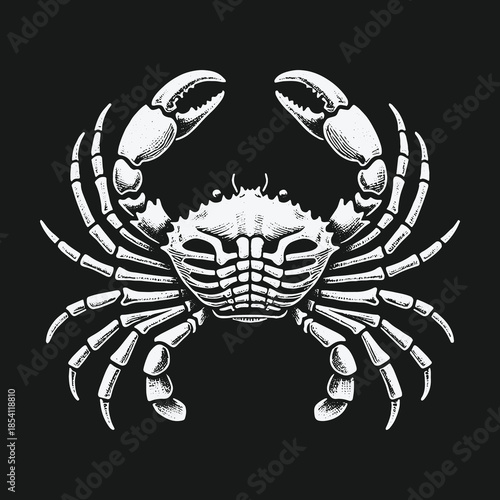 Monochrome vintage illustration of a crab skeleton on a black background.