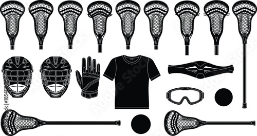 Lacrosse equipment silhouettes set, sticks helmets gloves balls apparel gear, black sports icons collection, isolated athletic vector illustration pack