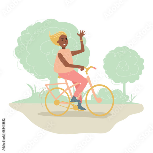 A happy girl rides a bicycle through the park, waving her hand. Healthy and active lifestyle. Vector illustration.