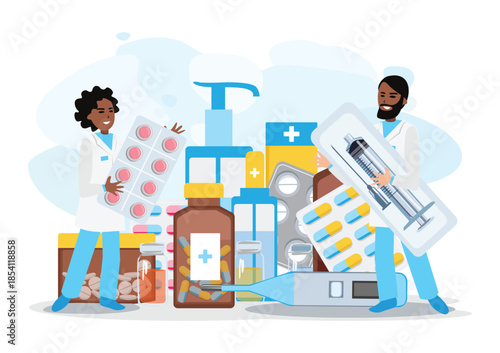Cheerful doctors collecting medications for a patient. Pharmacist's Day. Ordering medicines at the pharmacy through a smartphone app and on the website. Vector illustration.