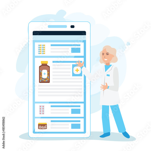 A cheerful pharmacist shows an application for ordering medicines online. Pharmacist's Day. Pharmacy online. Vector illustration.