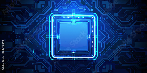 Abstract representation of a computer chip with glowing circuitry and digital design