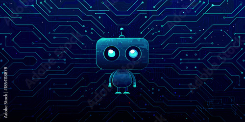 A charming blue robot stands centered on a complex digital circuit background