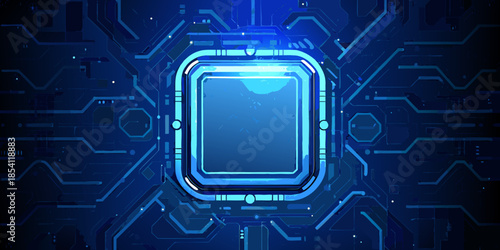 Abstract blue circuit board pattern with a central glowing rectangular focus