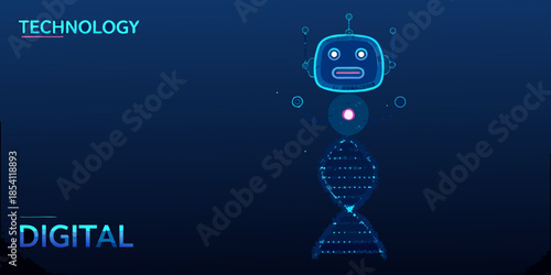 Futuristic robot with dna structure and technology elements on a dark background