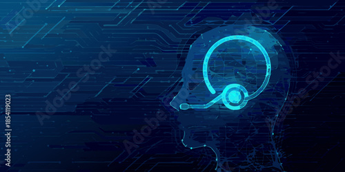 Digital human head with glowing circuitry and a headset interface