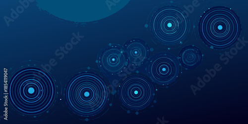 Abstract blue background with concentric circles and scattered light effects
