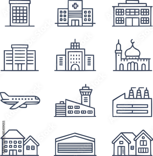 Editable Flat Architecture Icons Collection for City Planning