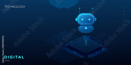 A futuristic robot hovering over a digital circuit board illustration