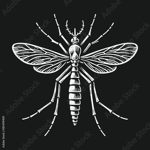 Vintage mosquito illustration in detailed engraving style on black background.