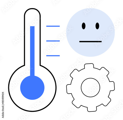 Climate regulation, emotion monitoring, system efficiency, technology feedback, industrial control, process optimization. A thermometer, gear and neutral face icons in minimalist style. Climate