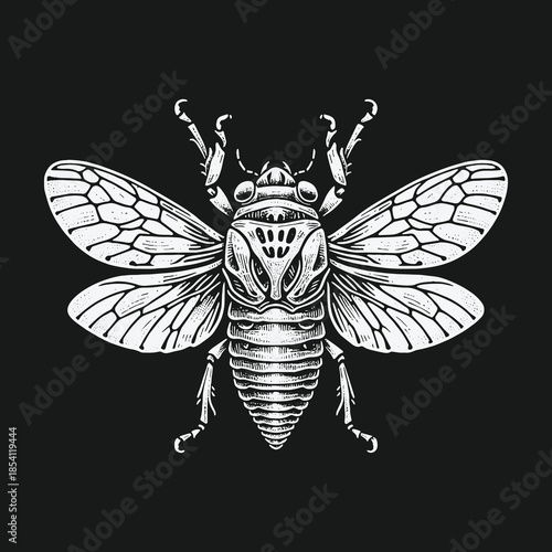 Vintage style black and white cicada insect illustration on a dark background.