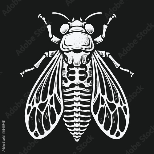 Monochrome skeletal wasp illustration on a black background.
