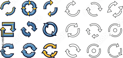Circular arrow icons, pixel style arrows, refresh symbols, reload vector set, black outline design, UI cycle, motion graphics, repeat icons
