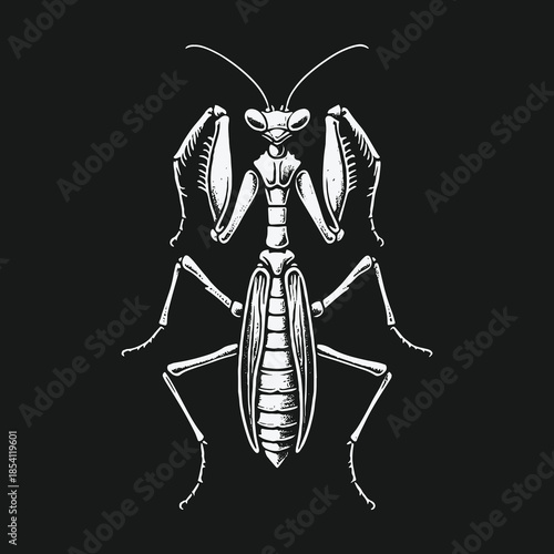 Vintage praying mantis insect illustration on black background.