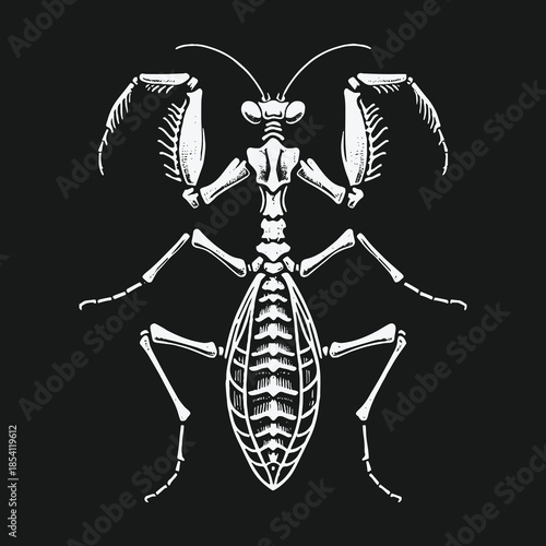 Intricate Praying Mantis Skeleton Insect Anatomy Illustration.
