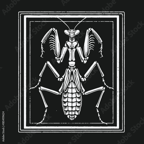 Symmetrical Praying Mantis Insect Illustration in a Vintage Engraved Frame.