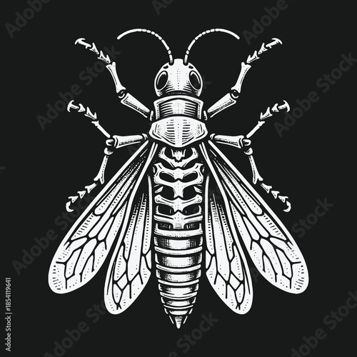 Monochrome vintage engraving of a detailed wasp insect.