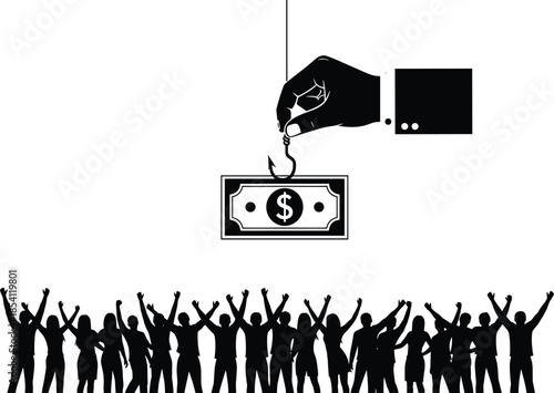 Flat vector illustration of dollar bait on hook above crowd, concept of financial lure, manipulation, economic control, greed, influence