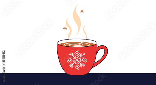 Cozy red ceramic mug decorated with a white snowflake filled with a hot steaming drink on a dark blue surface for winter vibes.