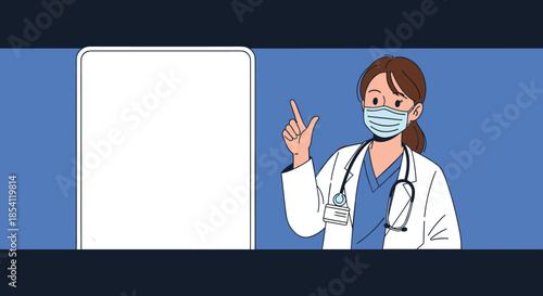Young female doctor wearing a surgical mask and white coat pointing at a large blank whiteboard for medical information or advice.