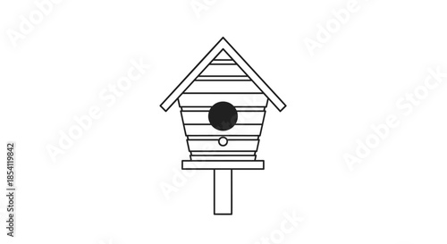 Minimalist black and white line art illustration of a wooden birdhouse on a post for garden and backyard nature conservation.