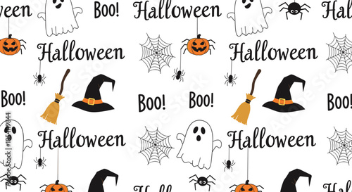 Fun Halloween themed pattern with white ghosts, orange pumpkins, black witch hats, spiders, broomsticks, and spider webs on white.