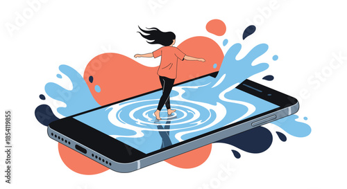 Conceptual illustration of a woman balancing and surfing on the screen of a large smartphone amidst blue water waves and splashes.