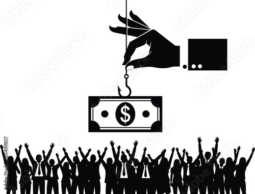 Flat vector illustration of dollar bait hanging above crowd, concept of financial lure, economic struggle, wealth pursuit, capitalism control