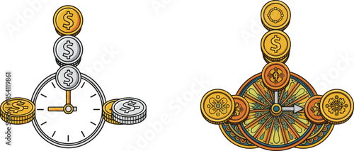 Clock with coins, time and money concept, financial value metaphor, currency symbols, economic timing, wealth cycle, investment hour, money rhythm