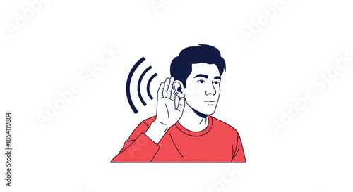 Young man in a red shirt cupping his hand to his ear listening intently with sound waves symbol on a plain white background.
