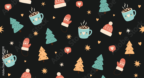 Winter themed seamless pattern with hot chocolate mugs, warm hats, mittens, trees, and stars on a dark background for cozy vibes.